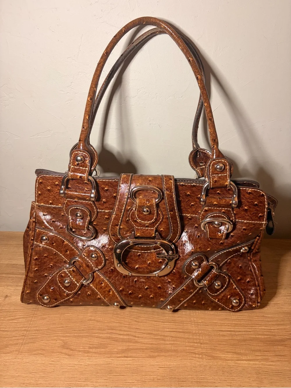 Vintage Y2K Guess Brown Faux Ostrich Shoulder Bag Purse Silver Hardware